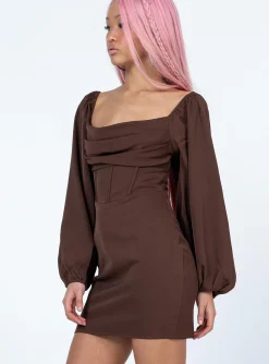 Princess Polly Lillie Long Sleeve Mini Dress Brown Cheap