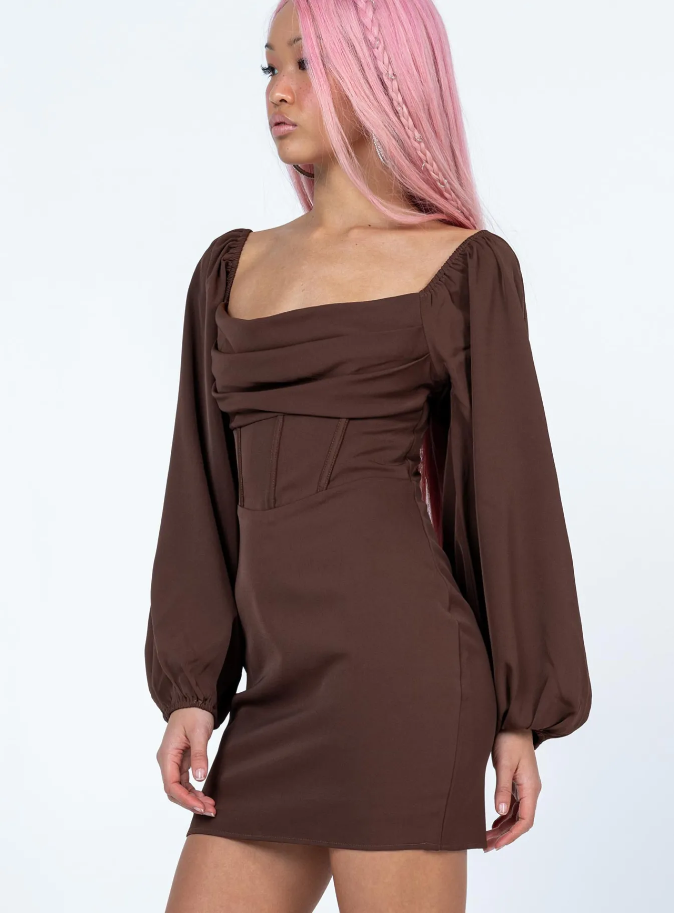 Princess Polly Lillie Long Sleeve Mini Dress Brown Cheap