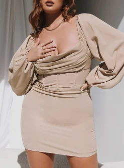 Princess Polly Lillie Long Sleeve Mini Dress  Beige Flash Sale