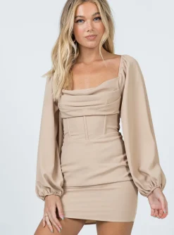 Princess Polly Lillie Long Sleeve Mini Dress  Beige Flash Sale