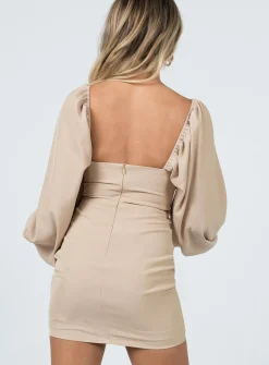 Princess Polly Lillie Long Sleeve Mini Dress  Beige Flash Sale