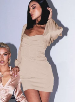 Princess Polly Lillie Long Sleeve Mini Dress  Beige Flash Sale