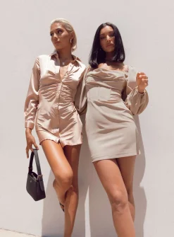 Princess Polly Lillie Long Sleeve Mini Dress  Beige Flash Sale