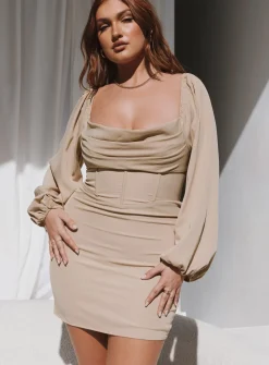 Princess Polly Lillie Long Sleeve Mini Dress  Beige Flash Sale