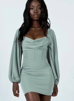 Princess Polly Lillie Long Sleeve Mini Dress Sage Cheap
