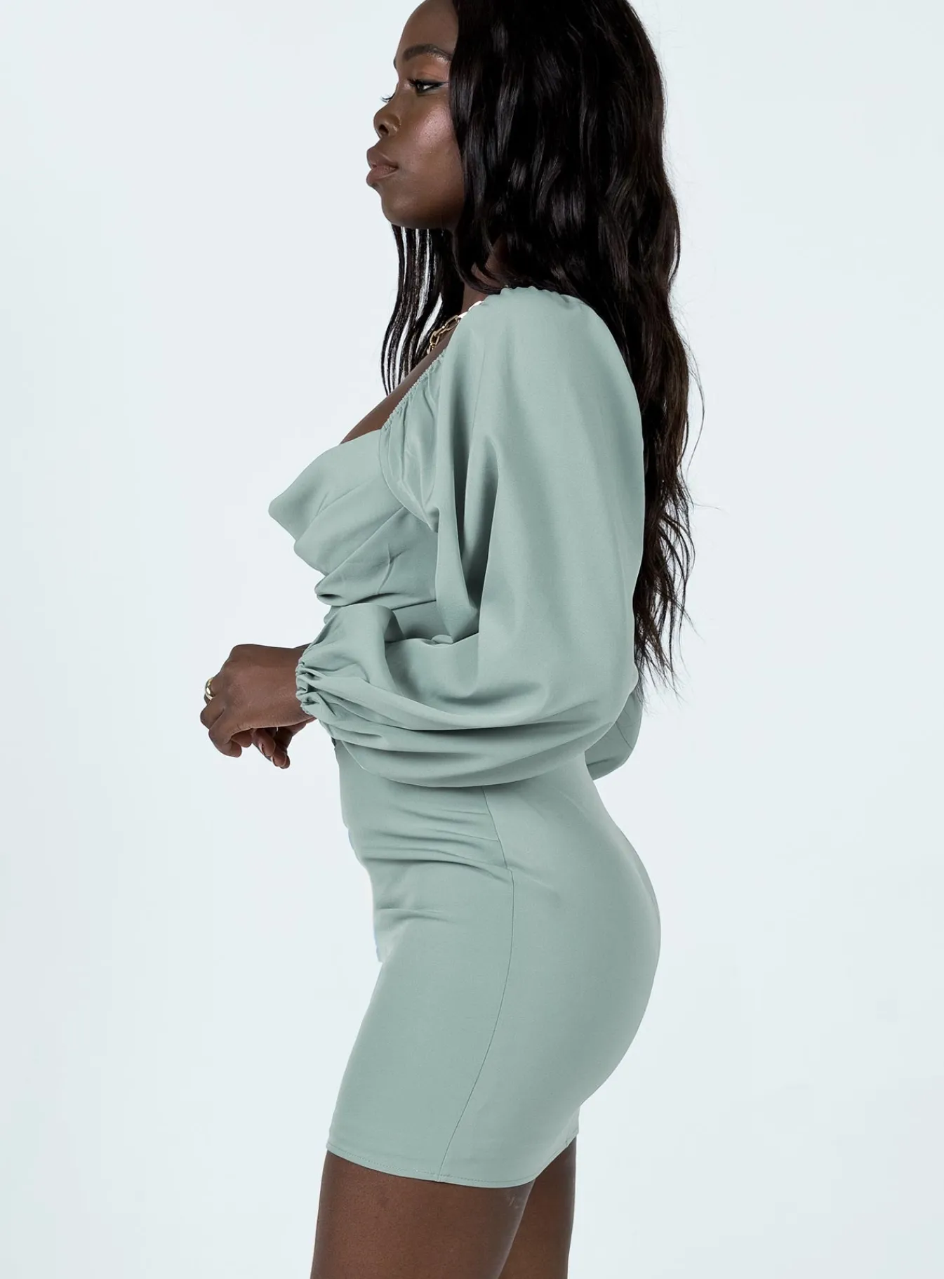 Princess Polly Lillie Long Sleeve Mini Dress Sage Cheap