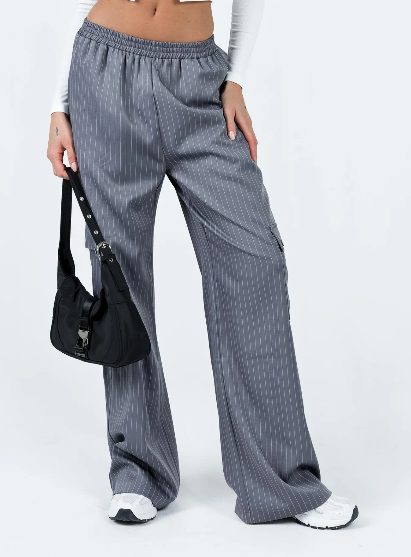Princess Polly Lista Elastic Pocket Pants Grey Pinstripe Flash Sale