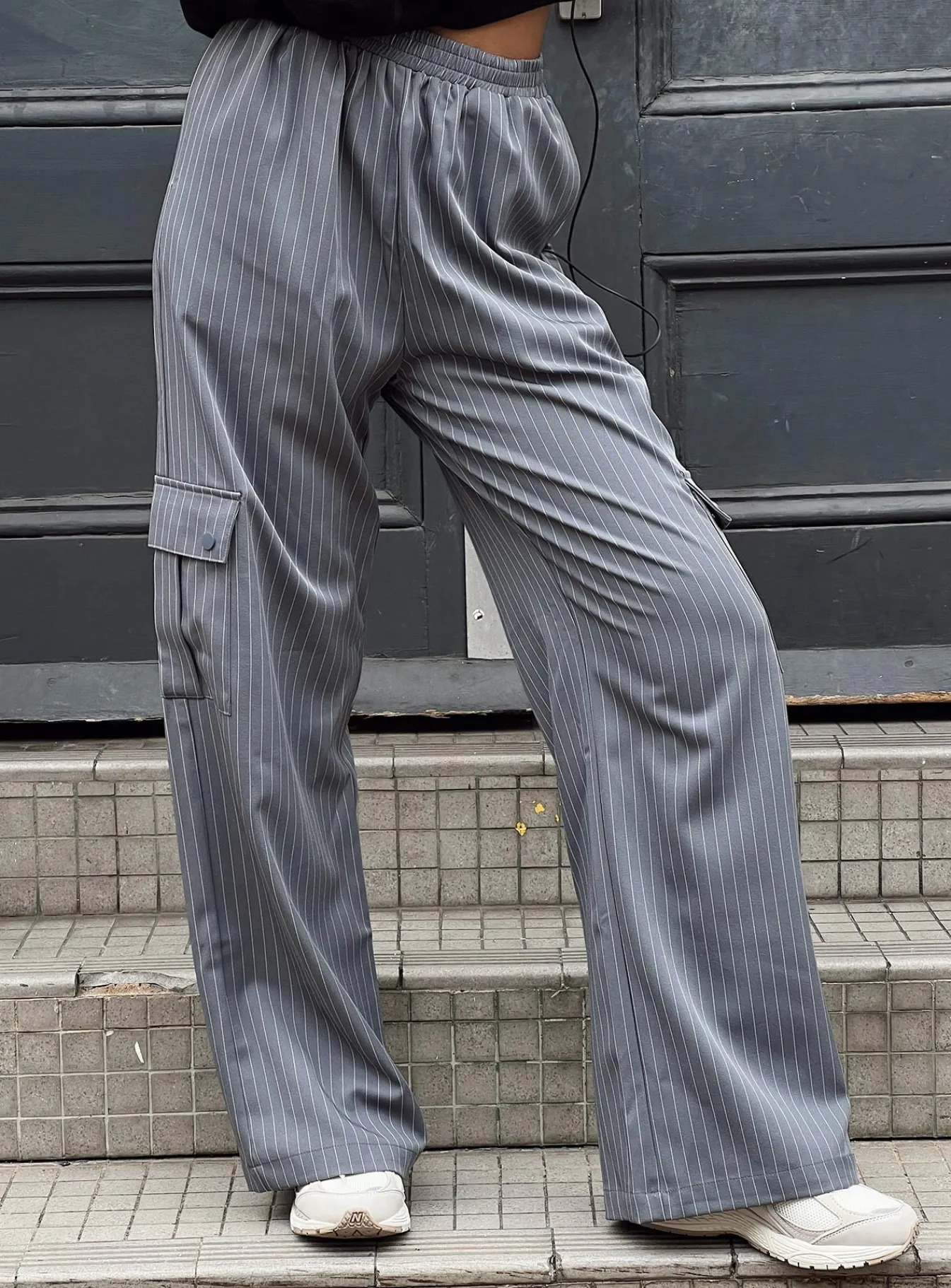 Princess Polly Lista Elastic Pocket Pants Grey Pinstripe Flash Sale