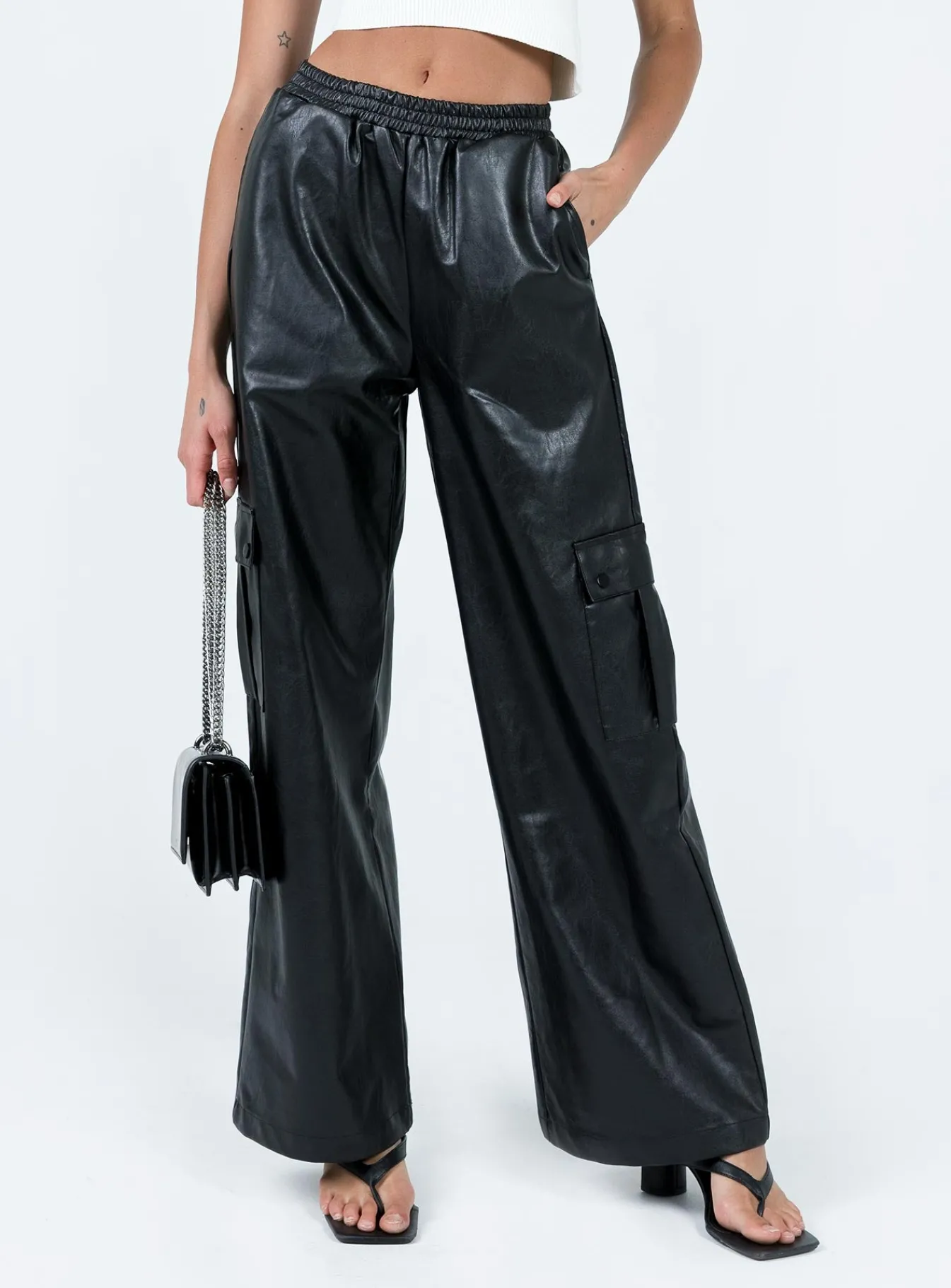 Princess Polly Lista Faux Leather Elastic Pocket Pants Black Shop