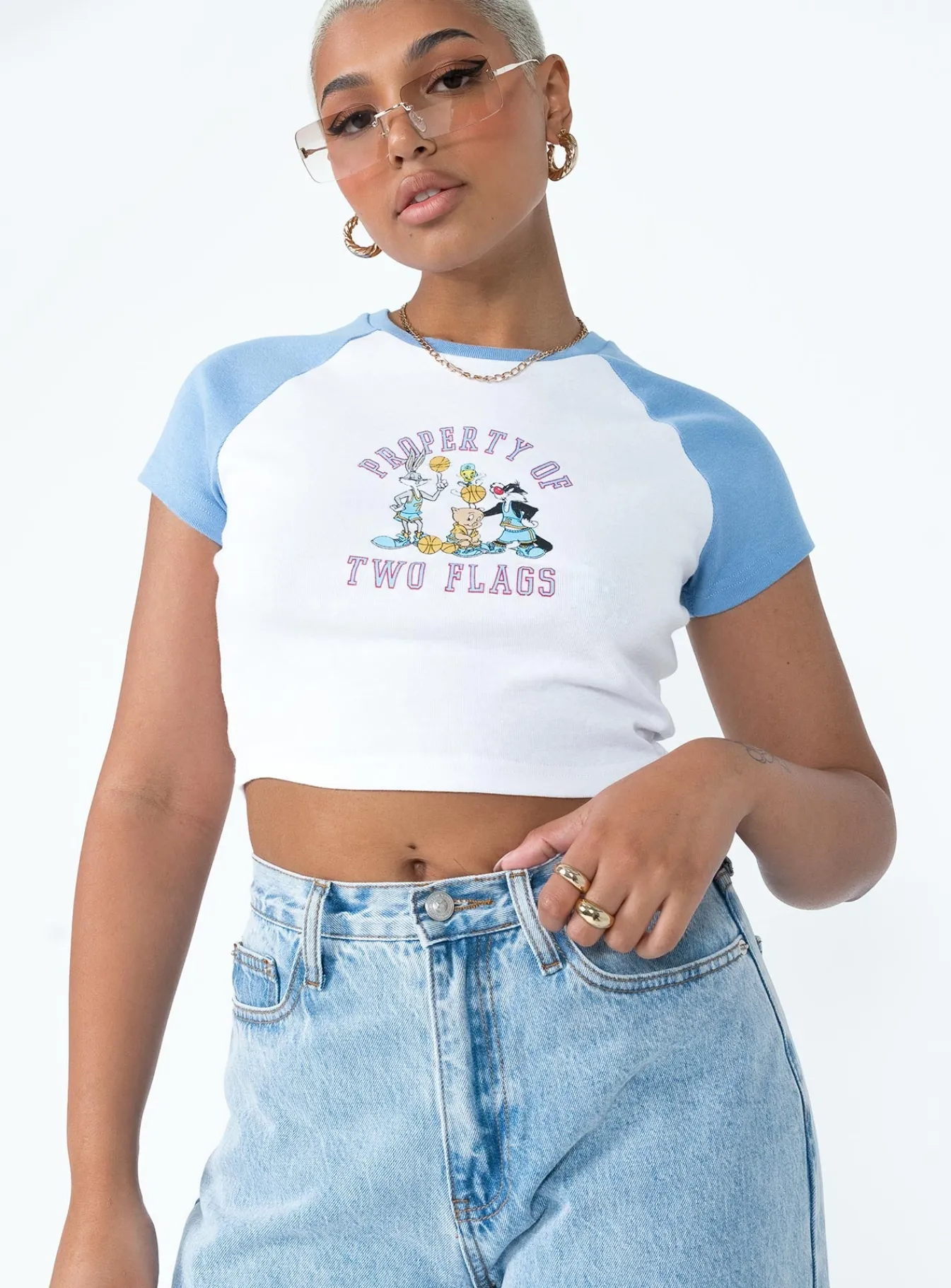 Princess Polly Looney Tunes Two Flags Cropped Tee/ Blue White Cheap