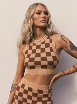 Princess Polly Luci Checker Vest Top  Brown Outlet