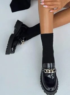 Princess Polly Lucille Loafer Patent  Black Clearance