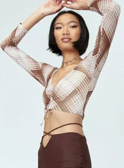 Princess Polly Lucille Long Sleeve Top  Brown Check Discount