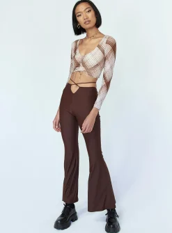 Princess Polly Lucille Long Sleeve Top  Brown Check Discount
