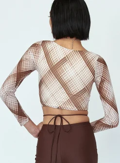 Princess Polly Lucille Long Sleeve Top  Brown Check Discount