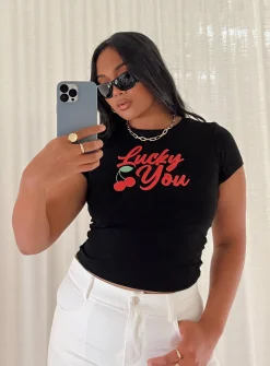 Princess Polly Lucky You Cherry Tee  Black Discount