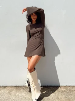 Princess Polly Lukea Long Sleeve Mini Dress  Brown Cheap