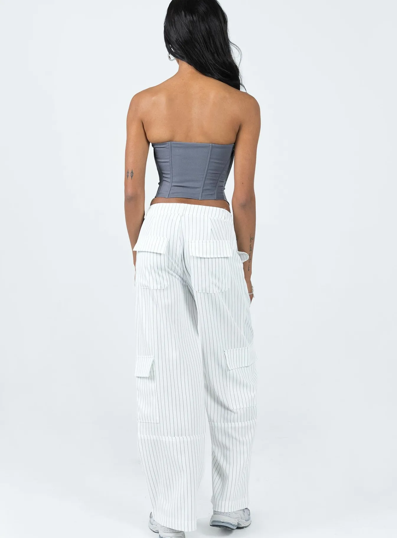 Princess Polly Luna Mid Rise Cargo Pantspinstripe White Clearance