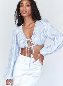 Princess Polly Lyric Long Sleeve Crop Top  Blue Clearance