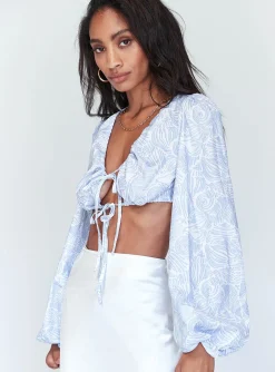 Princess Polly Lyric Long Sleeve Crop Top  Blue Clearance
