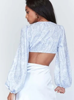 Princess Polly Lyric Long Sleeve Crop Top  Blue Clearance