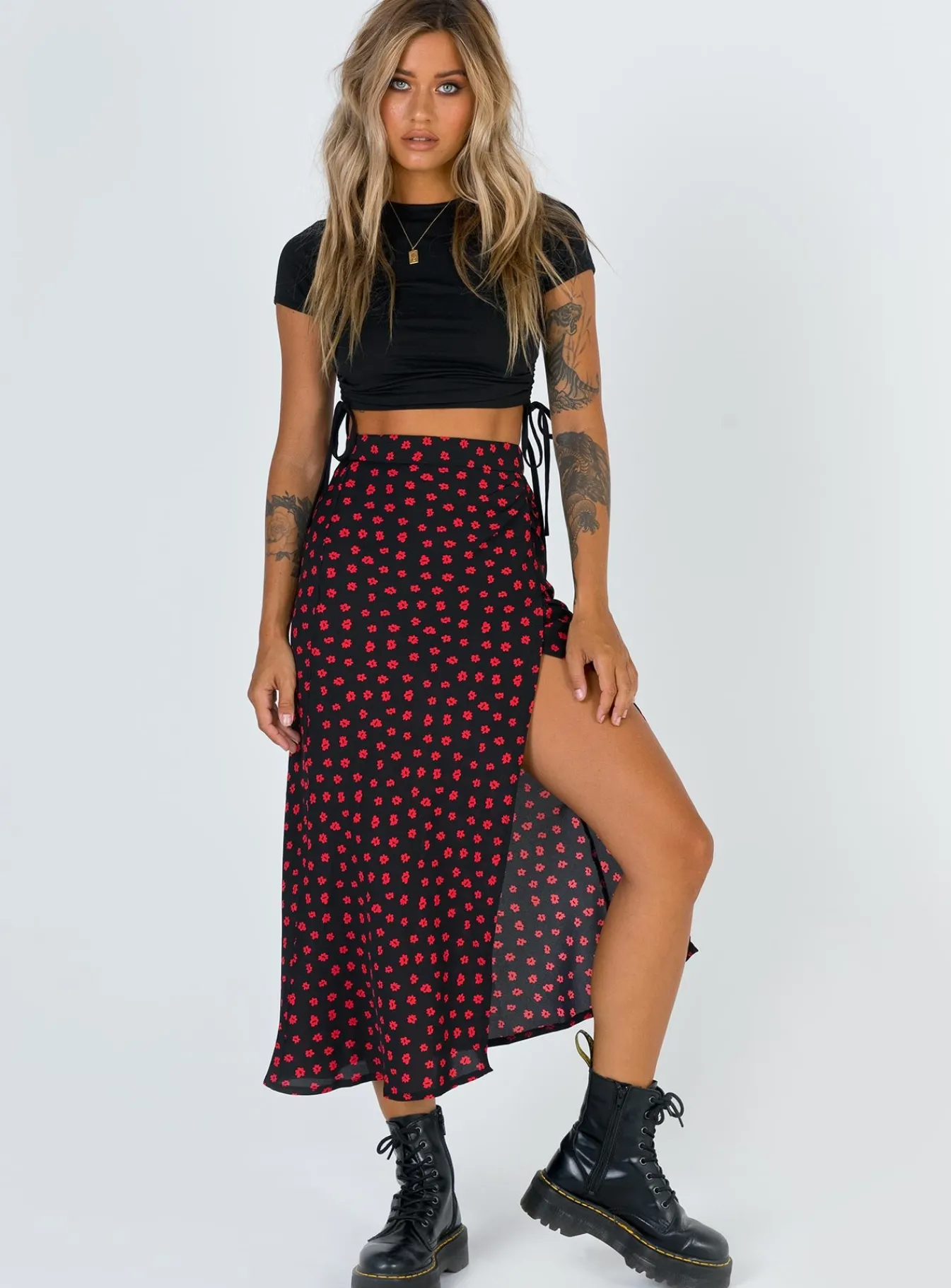 Princess Polly Mabel Midi Skirt Black/Red New