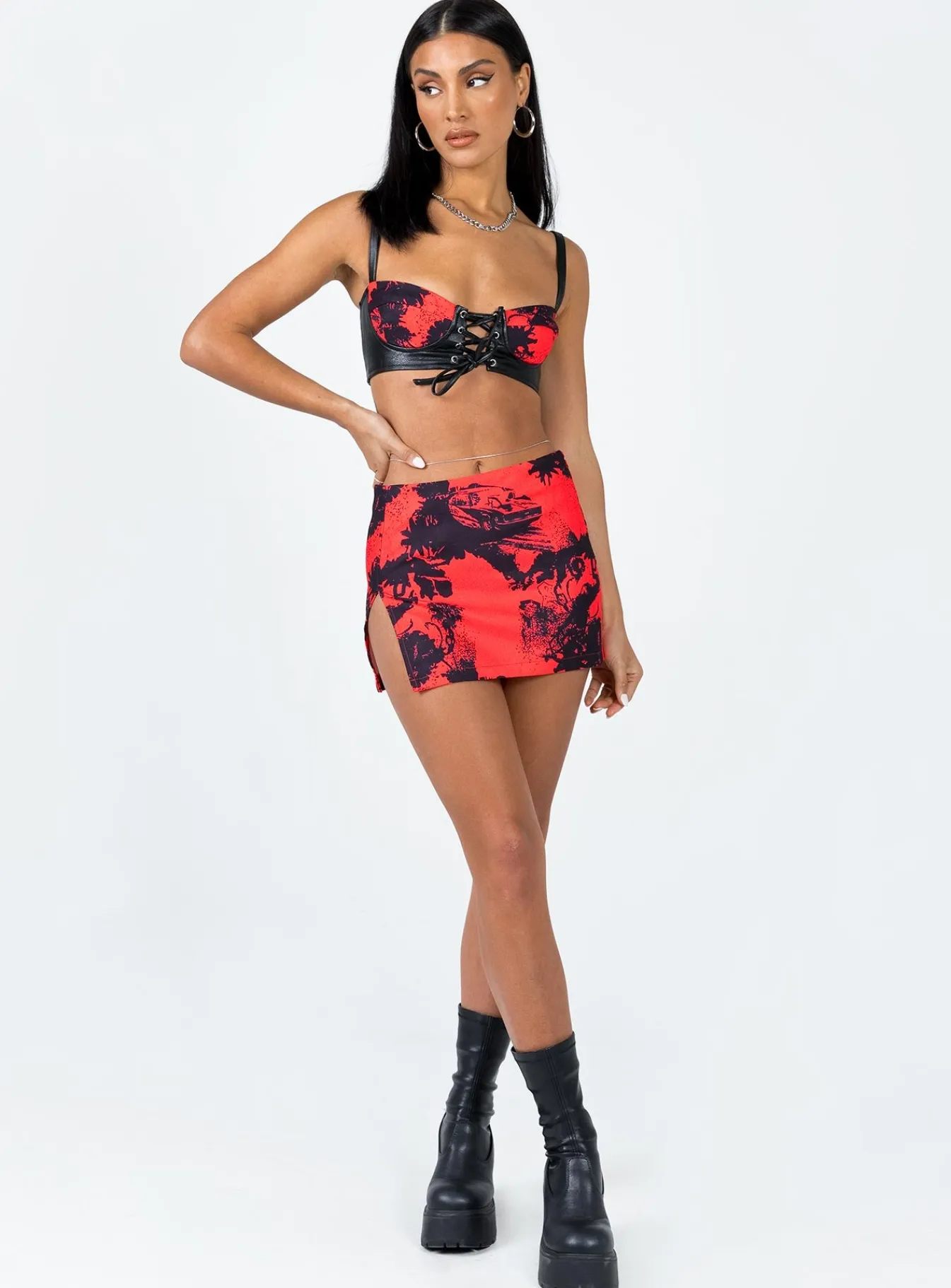 Princess Polly Main Stage Mini Skirt/ Black Red Flash Sale