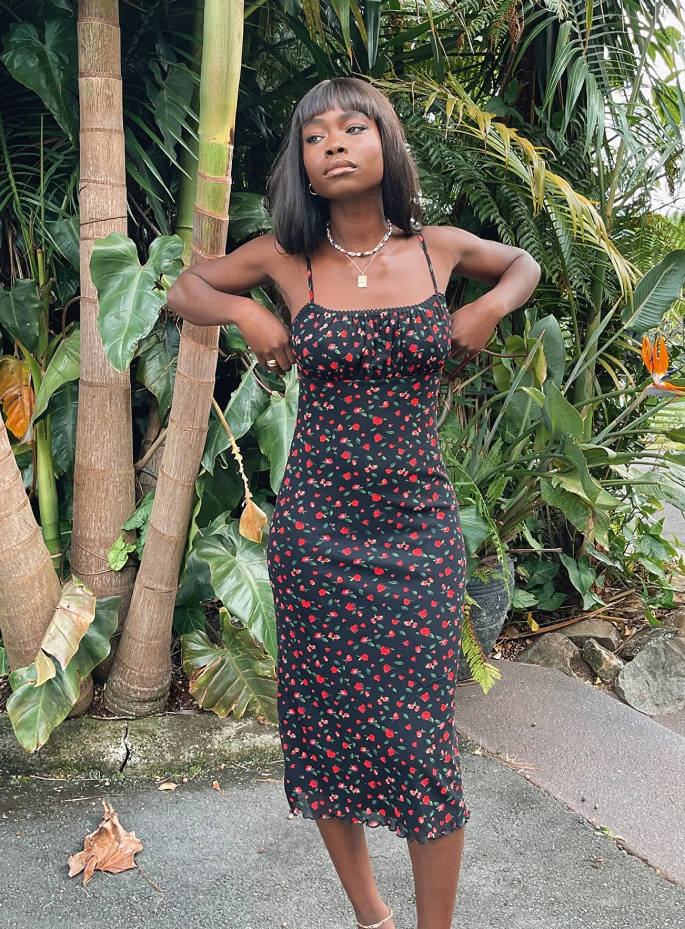 Princess Polly Marlee Midi Dress Black / Red Floral Clearance