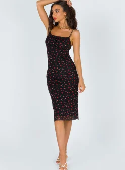 Princess Polly Marlee Midi Dress Black / Red Floral Clearance