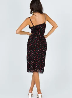 Princess Polly Marlee Midi Dress Black / Red Floral Clearance