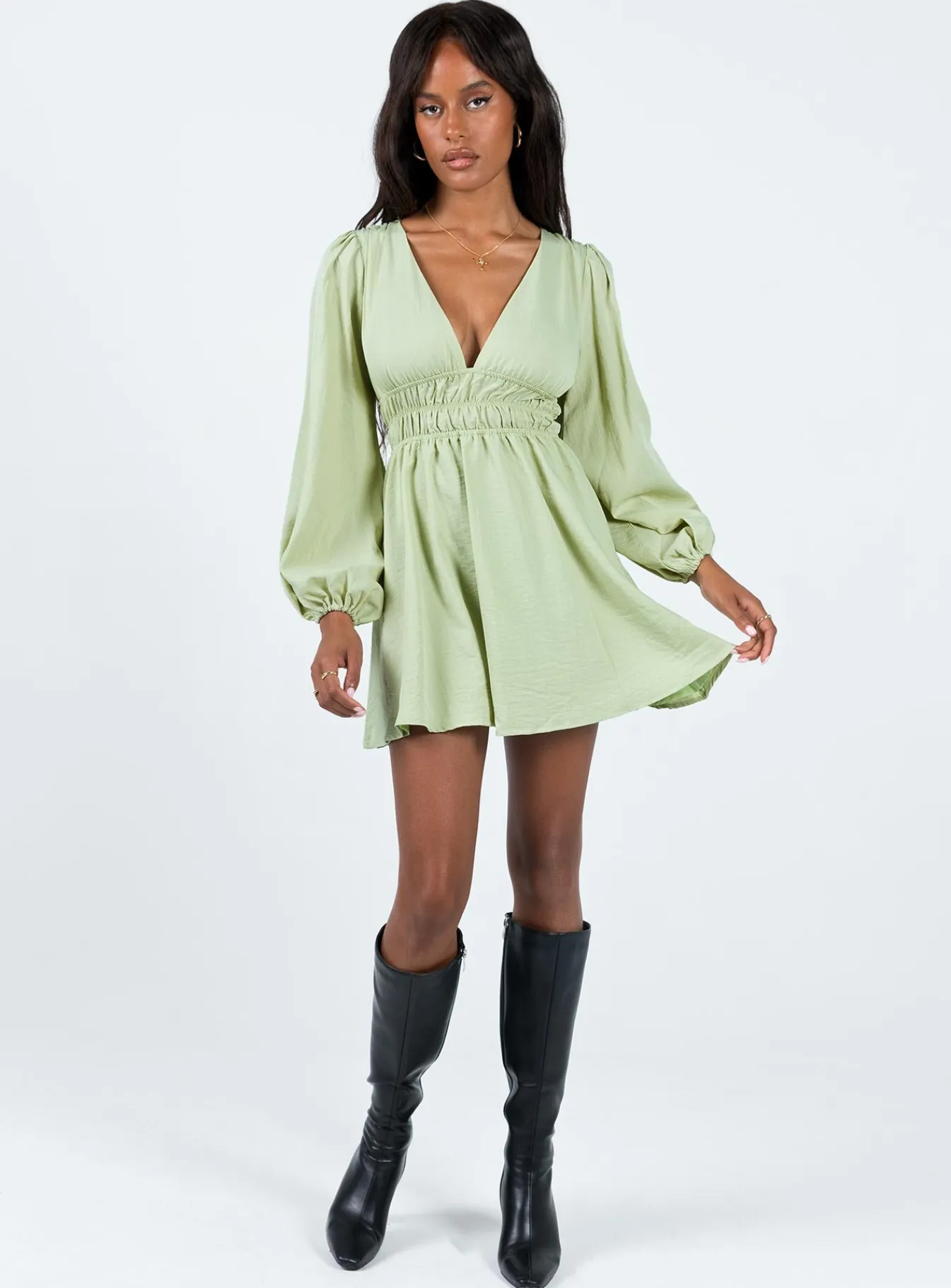 Princess Polly Marsia Long Sleeve Mini Dress Sage Outlet