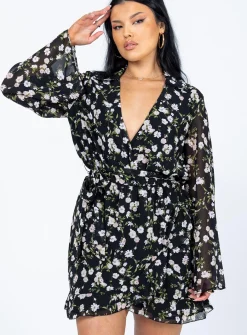 Princess Polly Marty Long Sleeve Mini Dressfloral   Black Clearance