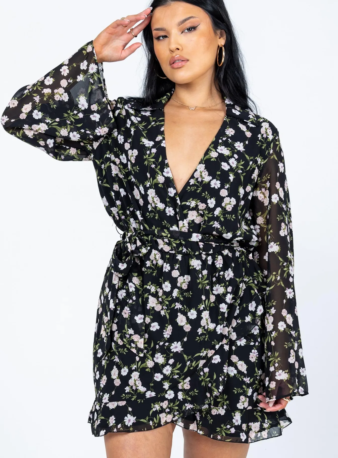 Princess Polly Marty Long Sleeve Mini Dressfloral Black Clearance
