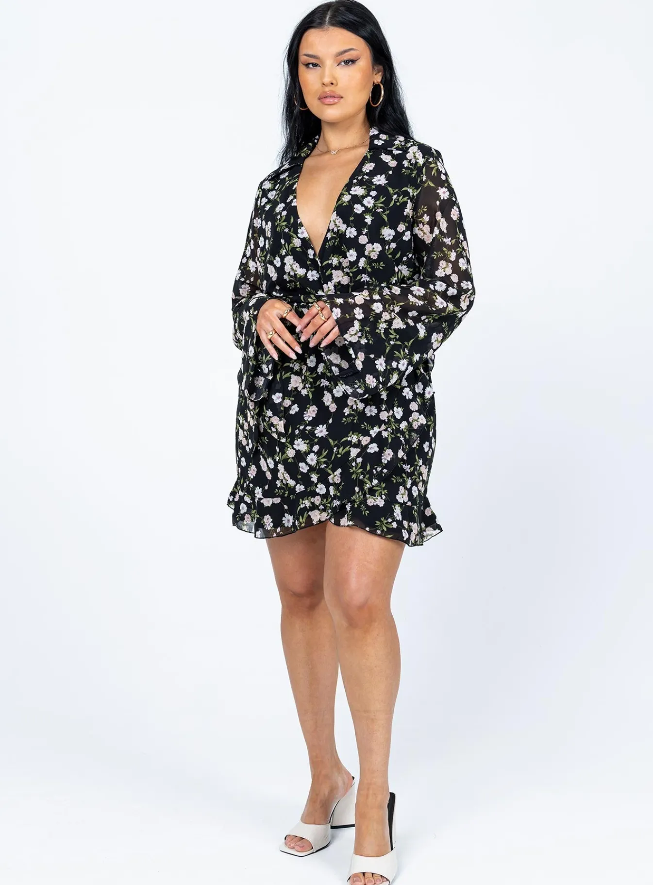 Princess Polly Marty Long Sleeve Mini Dressfloral Black Clearance
