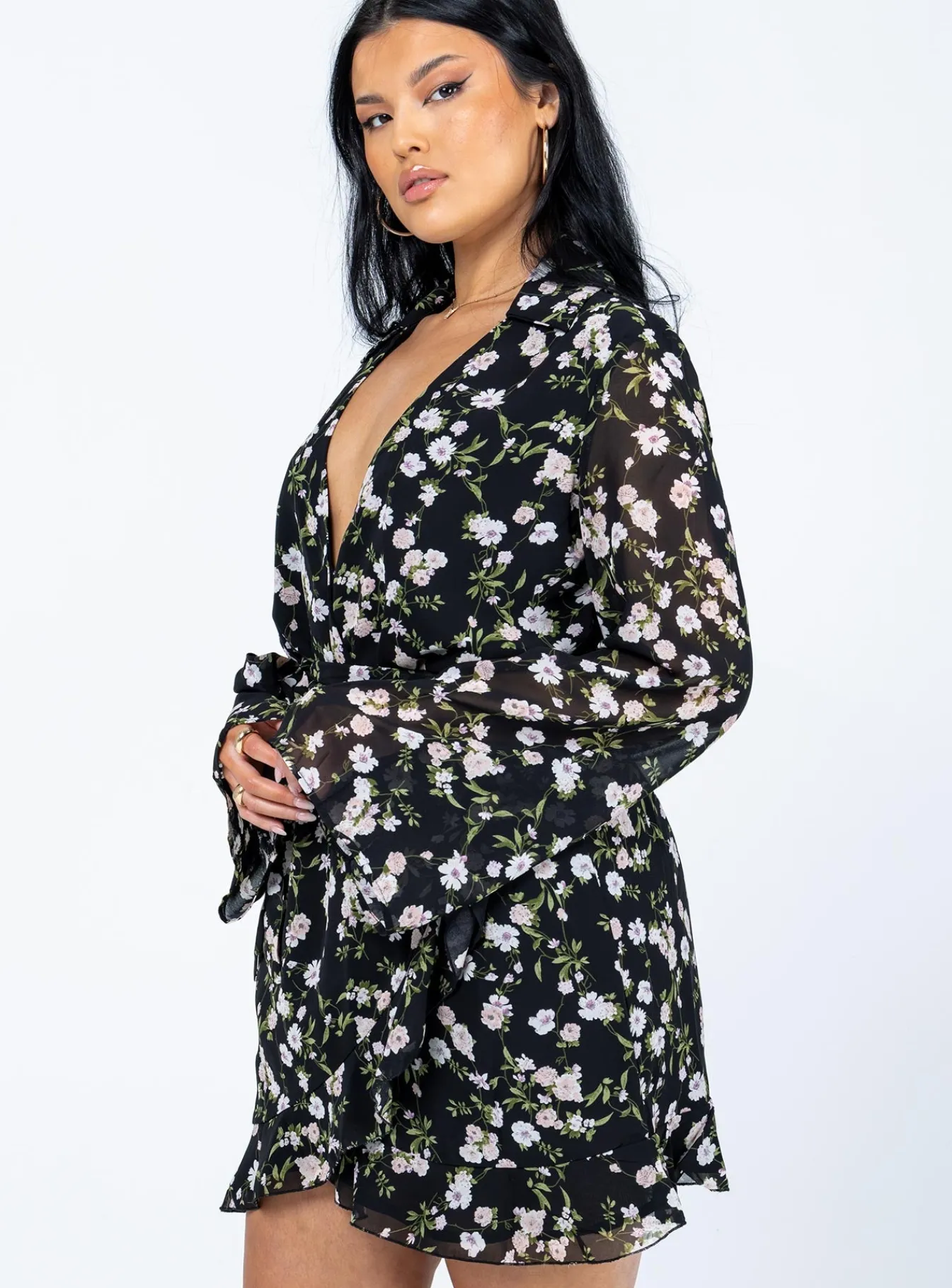 Princess Polly Marty Long Sleeve Mini Dressfloral Black Clearance