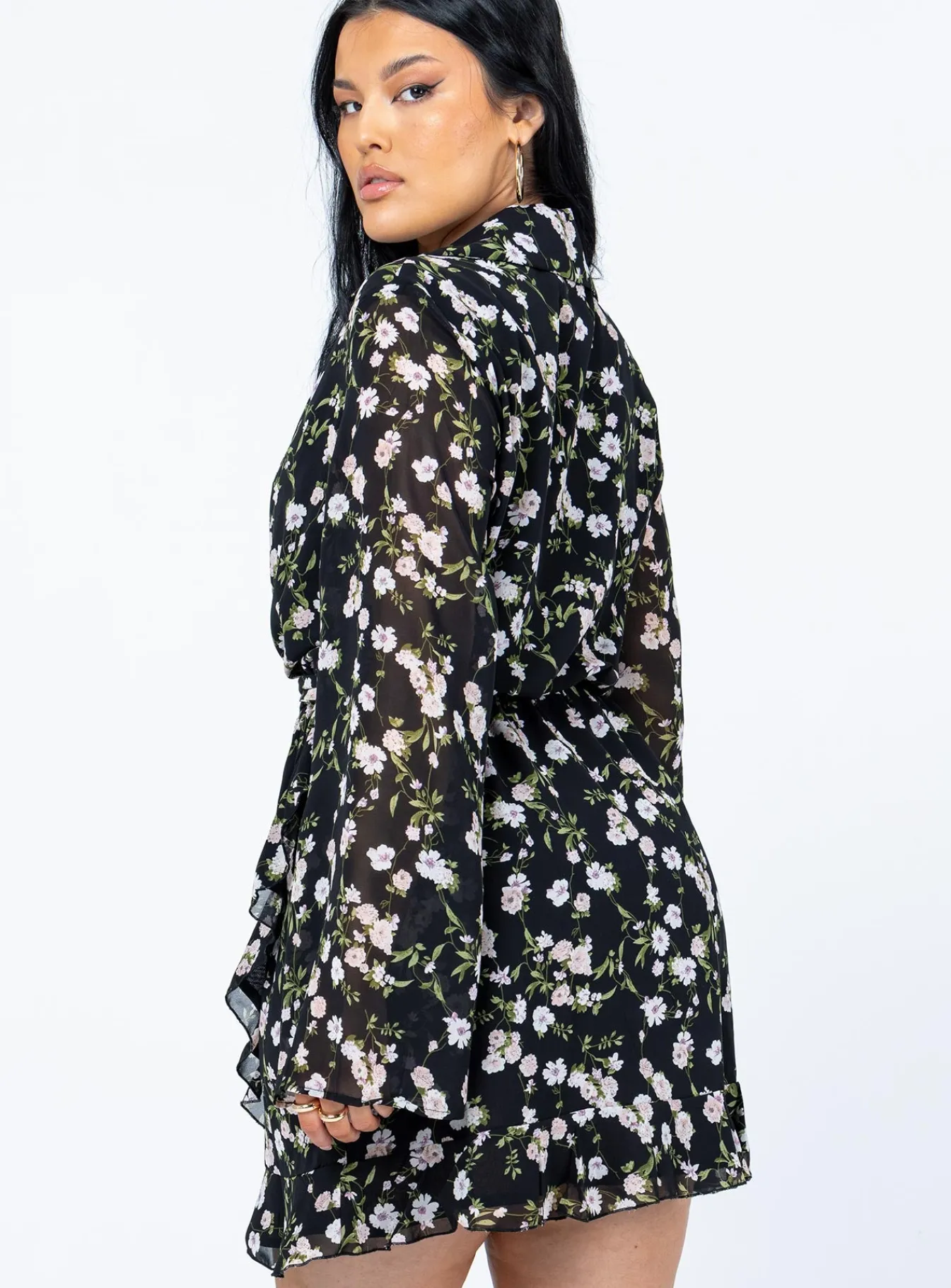 Princess Polly Marty Long Sleeve Mini Dressfloral Black Clearance