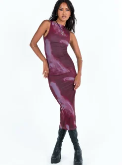 Princess Polly Motel Fayola Dress Mesh Watercolour Wine   Red Discount