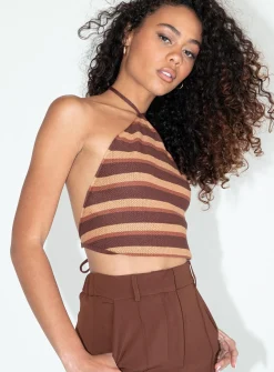 Princess Polly Motel Groci Top Multi Stripe  Brown Flash Sale