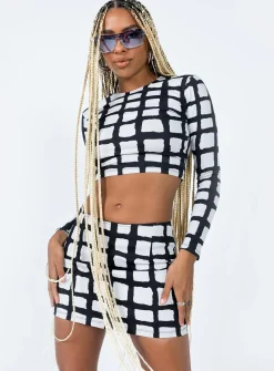 Princess Polly Motel Ima Skirt Mesh Mono Painted Check Black Black / White Fashion