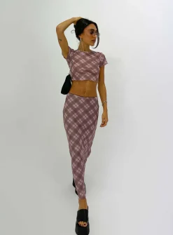 Princess Polly Motel Lassie Midi Skirtblurred Check   Pink Discount