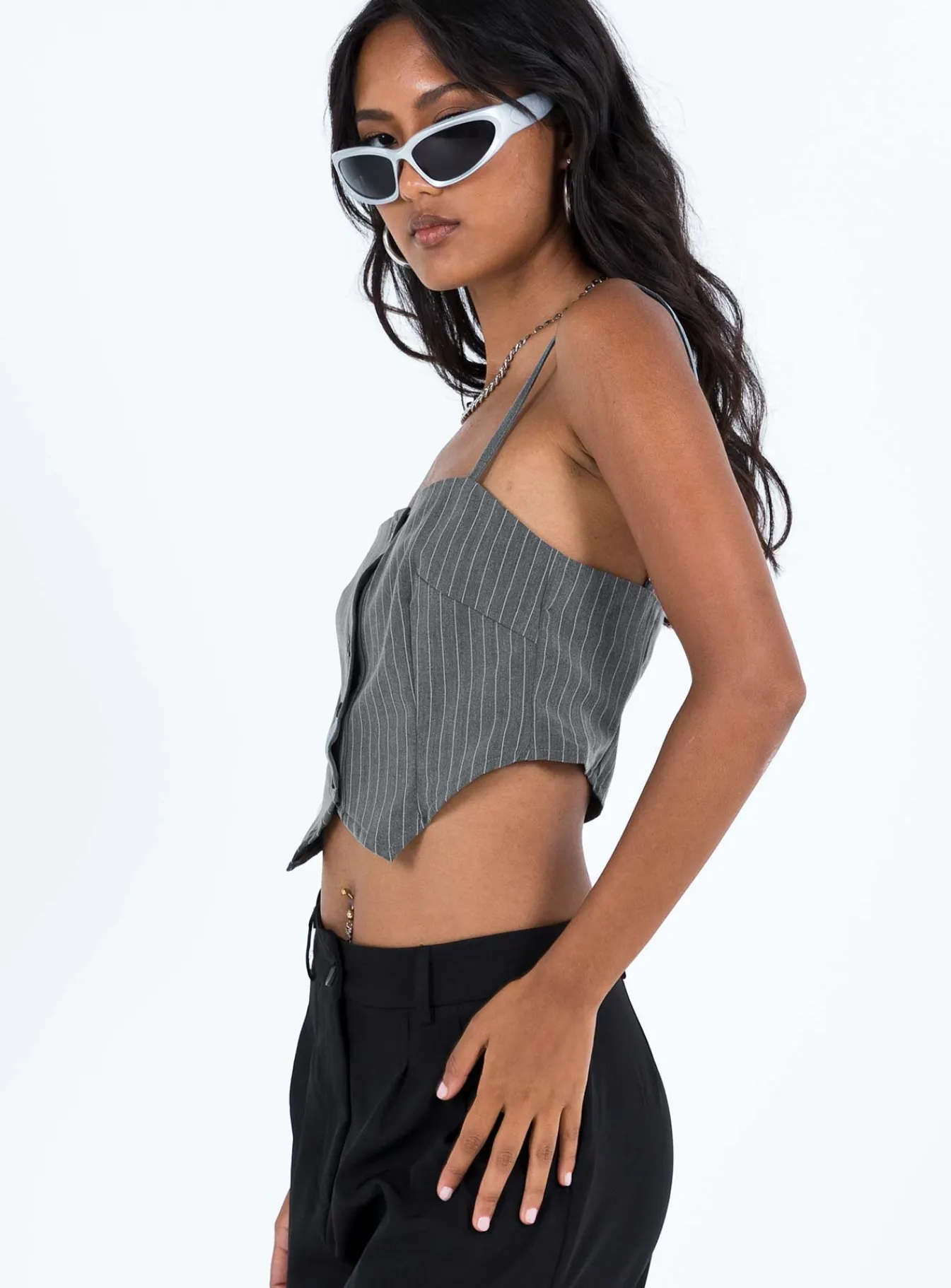 Princess Polly Motel Madian Top Pinstripe Grey Hot