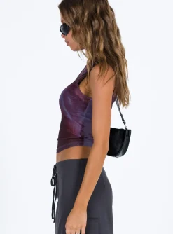 Princess Polly Motel Monlo Top Mesh Watercolour Wine   Burgundy Clearance