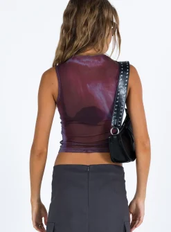 Princess Polly Motel Monlo Top Mesh Watercolour Wine   Burgundy Clearance