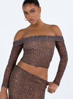 Princess Polly Motel Nagini Bardot Top Mesh Leopard Store
