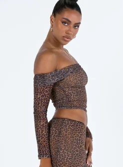 Princess Polly Motel Nagini Bardot Top Mesh Leopard Store
