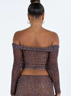 Princess Polly Motel Nagini Bardot Top Mesh Leopard Store