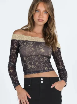 Princess Polly Motel Nagita Top Batik Botanical Dark  Brown New