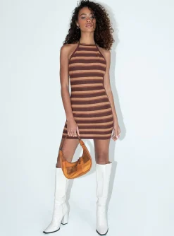 Princess Polly Motel Rigo Dress Multi Stripe  Brown Outlet