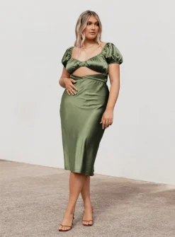 Princess Polly Nakita Midi Dress  Khaki New