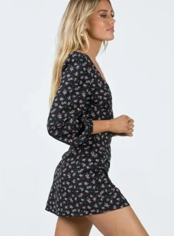 Princess Polly Naturi Long Sleeve Mini Dress/ Floral   Black Best